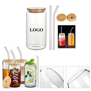 16Oz Pint Glass With Straw & Bamboo Lid